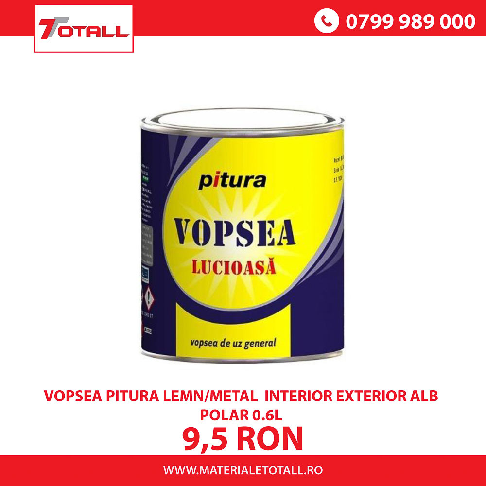 Vopsea alchidica pentru lemn / metal, lucioasa, Pitura, interior / exterior, alb polar, 0.6 L