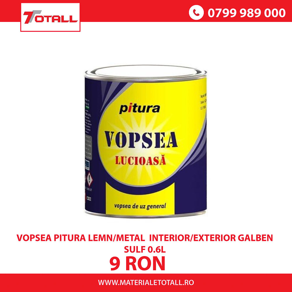 VOPSEA ALCHIDICA PENTRU LEMN / METAL, LUCIOASA, PITURA, INTERIOR / EXTERIOR, GALBEN SULF, 0.6 L