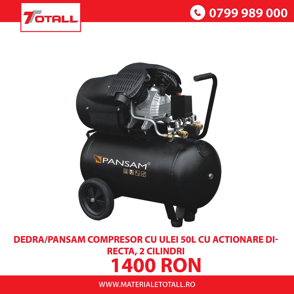 DEDRA/PANSAM COMPRESOR CU ULEI 50L CU ACTIONARE DIRECTA, 2 CILINDRI